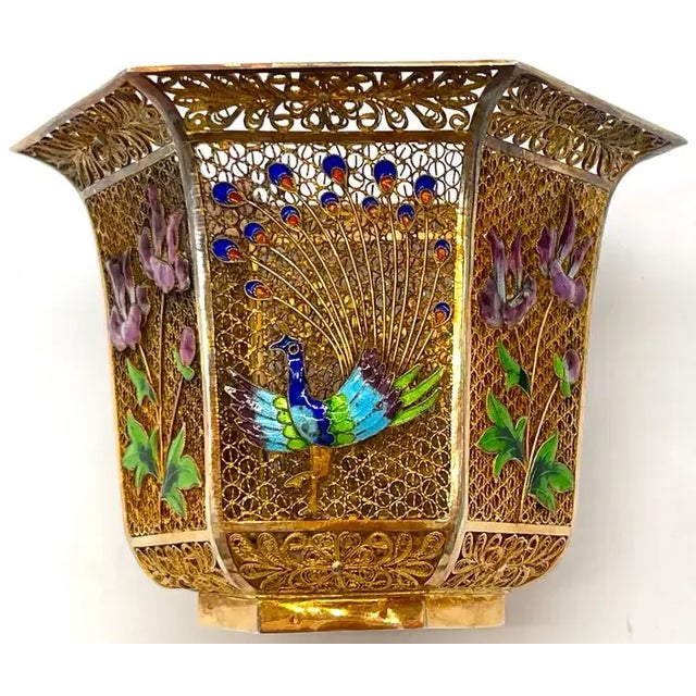 Early 20th Century Chinese Vermeil Sterling, Enameled Peacocks & Flowers Motif Vase & Stand For Sale - Image 9 of 12