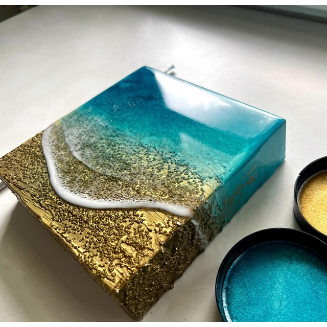 Early 21st Century On The Beach by Ana Hefco | Mixed Media on wood panel Abstract depiction of ocean waves and sand. For Sale - Image 5 of 5
