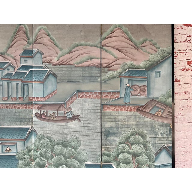 Antique Chinese Export Six Panel Watercolor Floor Screen, Hand-Painted For Sale - Image 11 of 12
