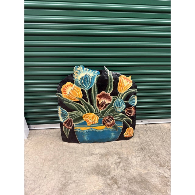 Signed Vintage 1980s Hand-Painted Repoussé Metal Floral Fireplace Screen For Sale In Philadelphia - Image 6 of 6