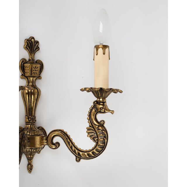 1960s Spanish French Neoclassical Cast Brass 2-Light Sea Horse Wall Sconces - A Pair For Sale - Image 4 of 9