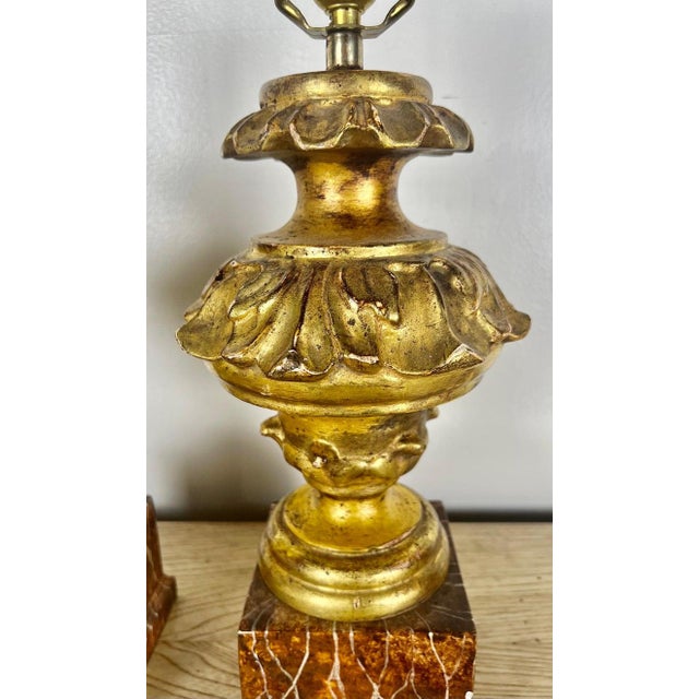 Pair of Italian Giltwood Carved Lamps on Faux Marble Bases For Sale In Los Angeles - Image 6 of 10