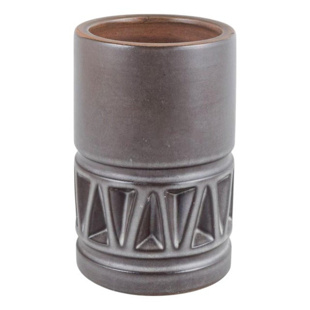 Cylindrical Stoneware Vase with Geometric Relief by Irma Yourstone for Upsala Ekeby, 1960s For Sale