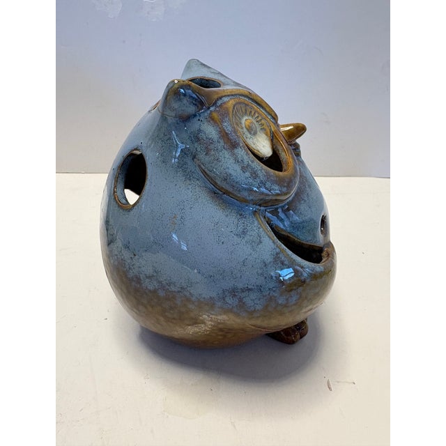 Ceramic Mid-Century Studio Pottery Owl Candle Holder in Mottled Blue Glaze Luminary Decor For Sale - Image 7 of 8