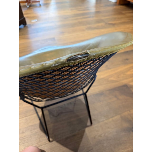 Mid Century Modern Original Vintage Knoll Diamond Chair by Harry Bertoia With Olive Leather Cover For Sale - Image 10 of 12