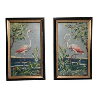 Mid Century Modern Pink Flamingo Embroidery Textile Art, Framed - a Pair For Sale