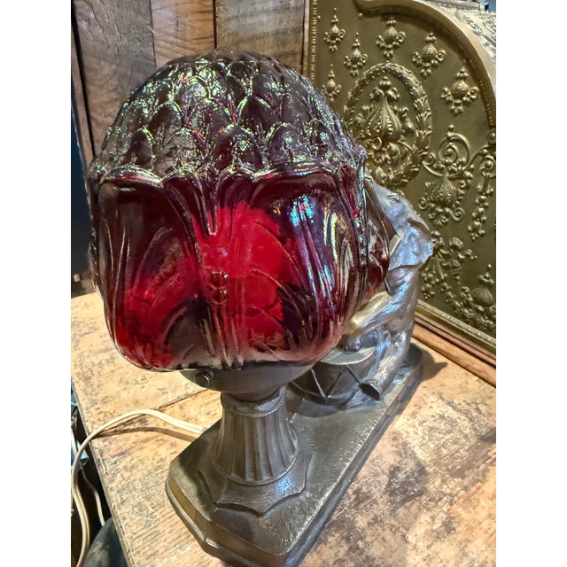Glass 1930s Gibraltar Art Deco Spelter Elephant Table Lamp With Ruby Red Glass Shade For Sale - Image 7 of 13