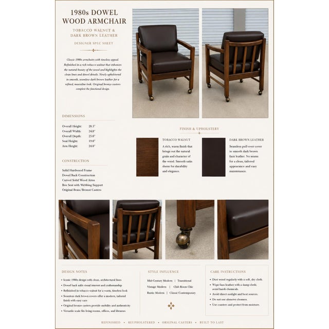 Contemporary Set of Four 1980s Solid Wood Club / Library Armchairs Bronze Casters Tobacco Walnut Finish & Dark Brown Cushion Covers For Sale - Image 3 of 3