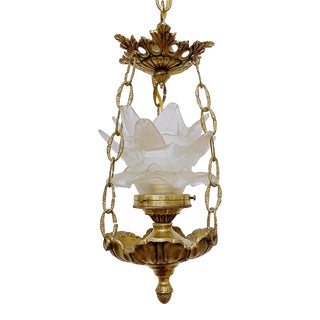 Vintage Brass Lantern With Frosted Glass Shade For Sale