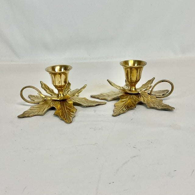 American 1970s Vintage Traditional Americana Brass Poinsettia Candle Holders - A Pair, Christmas For Sale - Image 3 of 12
