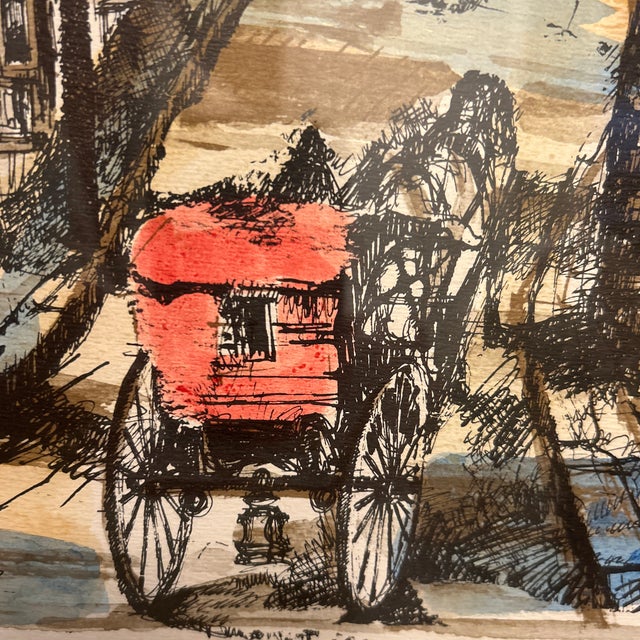 1970s Mid-Century Modern Hand-Tinted Lithograph of Old Quebec by Nikola-Château Frontenac View 22x 14 Original Oak Frame For Sale - Image 10 of 12