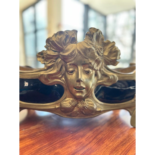 Ceramic Antique Bronze and Cobalt Glazed Jardiniere, Art Nouveau, Vase, Cachepot For Sale - Image 7 of 8