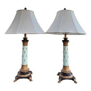 Vintage 1980s Italian Ceramic & Wood Gilt & Aqua Neoclassical-Style Empire Table Lamps For Sale