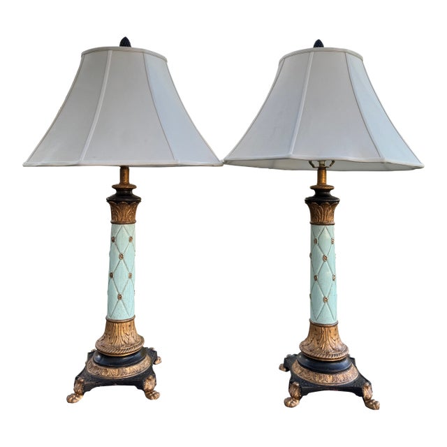 Vintage 1980s Italian Ceramic & Wood Gilt & Aqua Neoclassical-Style Empire Table Lamps For Sale