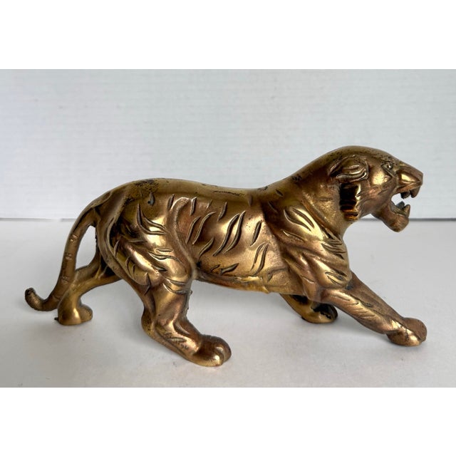 Mid-Century Modern Vintage Solid Brass Tiger Sculpture Hollywood Regency Animal Figure For Sale - Image 3 of 8