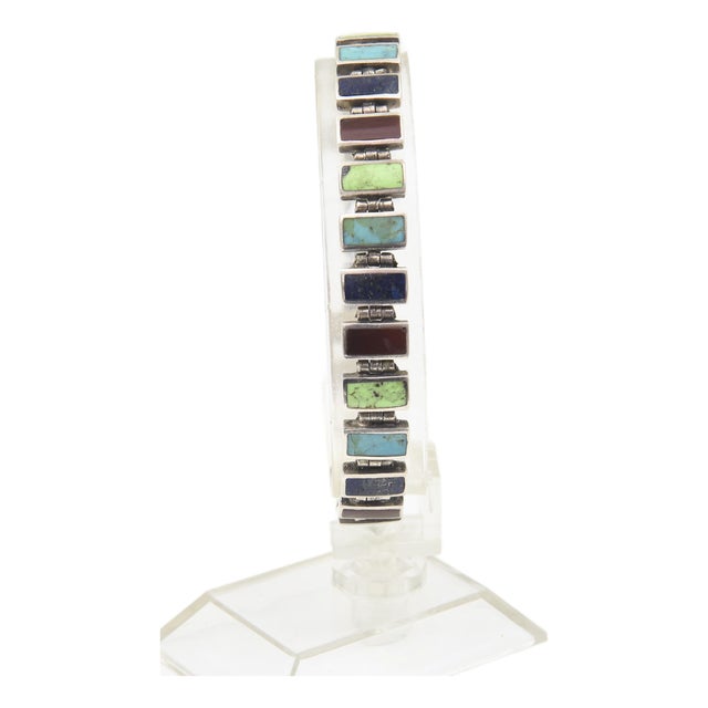 Multicolored Gemstone and Sterling Silver Link Bracelet For Sale