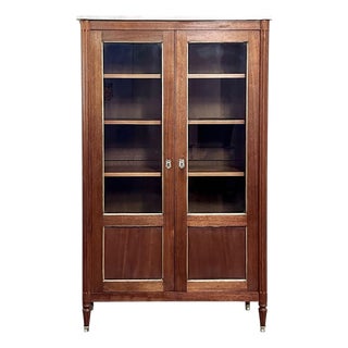 Antique French Louis XVI Style Mahogany Vitrine ~ Bookcase With Carrara Marble For Sale