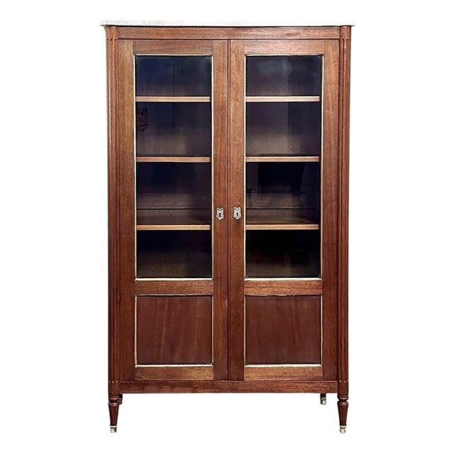 Antique French Louis XVI Style Mahogany Vitrine ~ Bookcase With Carrara Marble For Sale