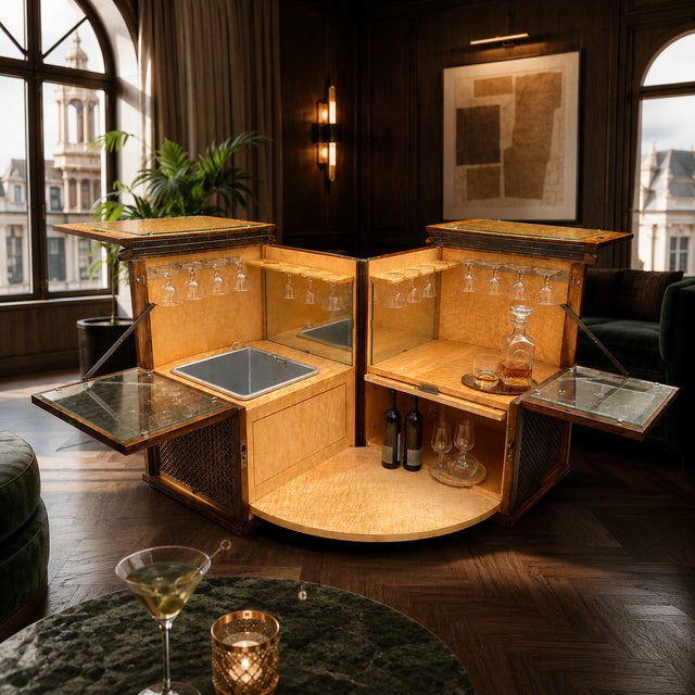 An exceptionally rare and exquisitely crafted cocktail cabinet on casters from the 1950s, likely of German or Central...