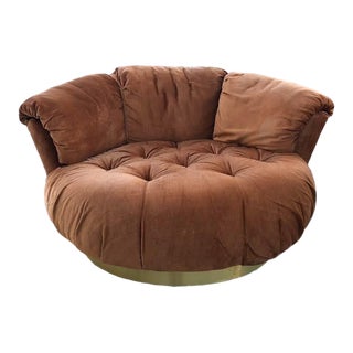 Mid-Century Tufted Lounge Ottoman Chair With Brass Plinth Base For Sale