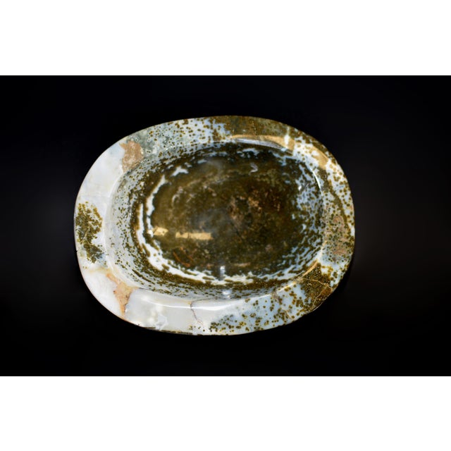 A beautiful large, all natural, moss agate bowl, 4.5 lb in weight, of ovoid form with natural, rounded edge. Spectacular...