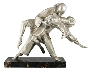 Thomas Cartier, Art Deco Sculpture of Cubist Dancers Pierrot and Colombine, 1930s, Bronze on Marble Base