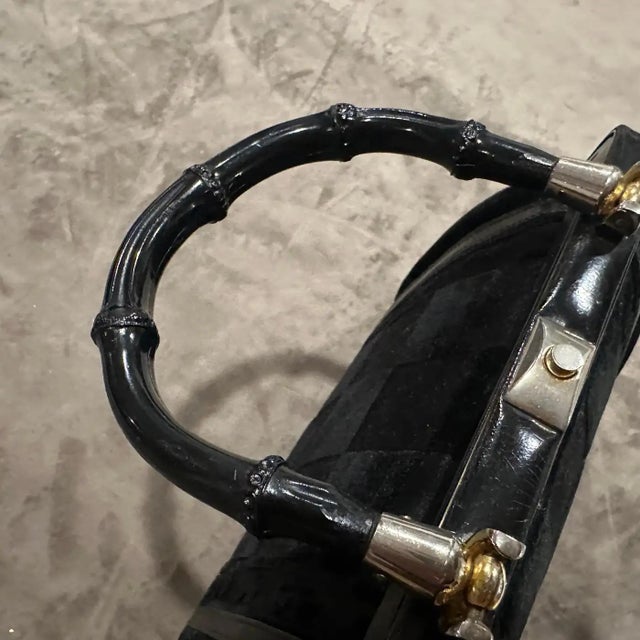 1940s 1940s Art Deco Black Leather, Velvet and Bamboo Italian Hand Bag For Sale - Image 5 of 13