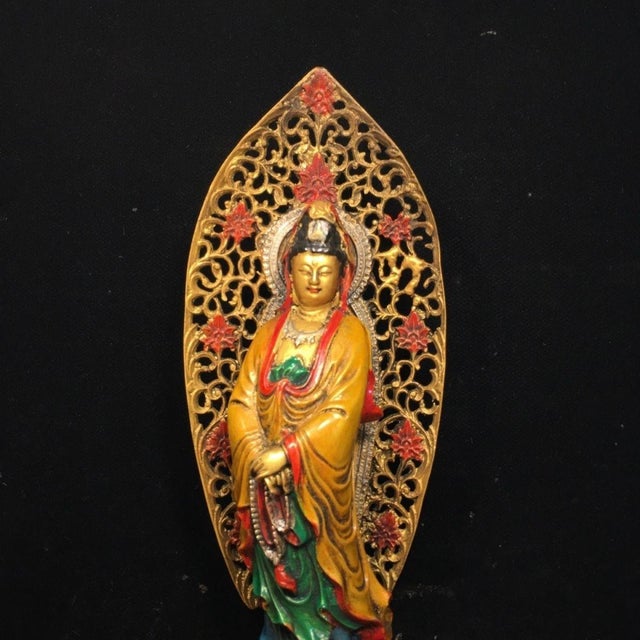 Late 19th Century Polychrome Bronze Guanyin Statue With Aureole, 940g For Sale - Image 9 of 9