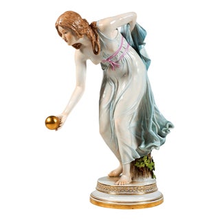 Art Nouveau Figurine of Young Lady Ball Player attributed to Walter Schott for Meissen, 1900s For Sale