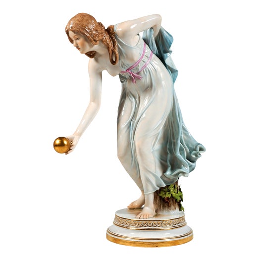 Art Nouveau Figurine of Young Lady Ball Player attributed to Walter Schott for Meissen, 1900s For Sale