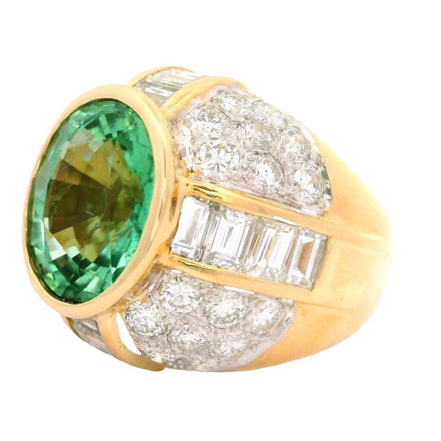 5.99 Carat Neon-Green Paraiba Tourmaline Diamond 18k Yellow Gold Ring, Aigs Cert, Size 5.75 For Sale - Image 4 of 8