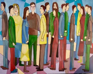 "The Group" Contemporary Modernist Figurative Geometric Oil Painting by Christopher Barrow