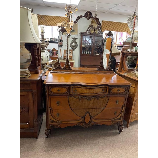 American Antique 1930's Bedroom Mirrored Dresser, Hand Carved Walnut, Burl Inlay, Beveled Glass Mirror, 5 Drawers For Sale - Image 3 of 17