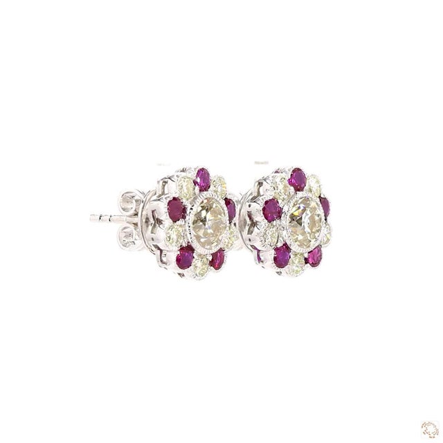 1940s 2.79 Carat Round Brilliant Cut Diamond Ruby Earrings, Pair For Sale - Image 9 of 9