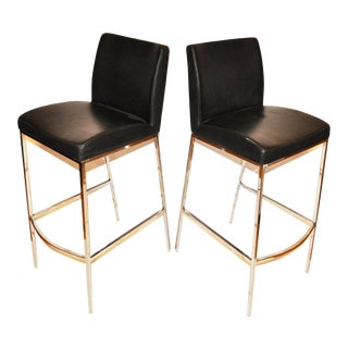 1960s Vintage Italian Black Leather Chrome Bar Stools - a Pair For Sale