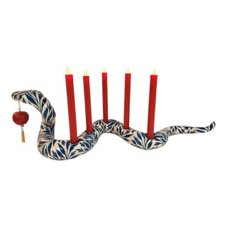 Paige Barnes Dorsey Blue and White Garden Snake Candelabra With Apple For Sale