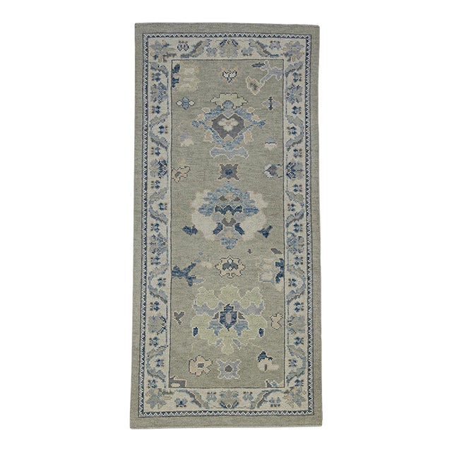 Turkish Oushak Rug Gray, Blue & Olive Green Handwoven Wool Rug 3' X 6'3" For Sale