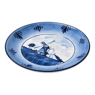 Vintage Delft Holland Blue & White Windmill Ceramic Plate Wall Decor For Sale