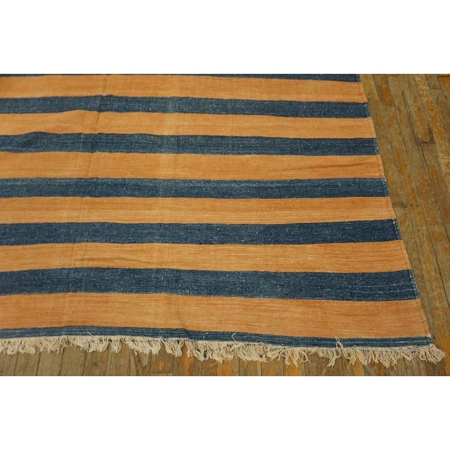 1920s Apricot Blue Stripe Antique Indian Cotton Dhurrie Carpet 9'7" X 15'3" Flatweave Wool Rug For Sale In New York - Image 6 of 12