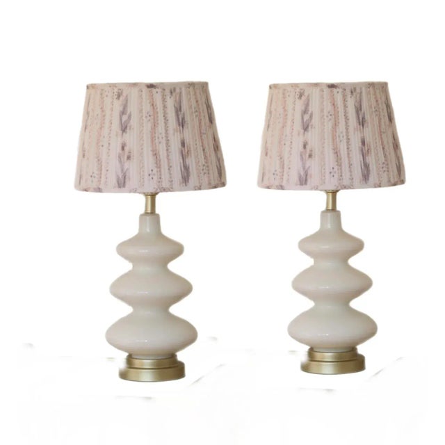 White glass lamp with custom pleated cotton printed lampshade Brand unknown