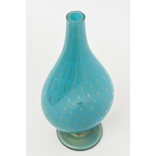 Mid-Century Modern Vintage Murano Barovier E Toso Turquoise Glass Bottle or Vase With Gold Droplets For Sale - Image 3 of 9
