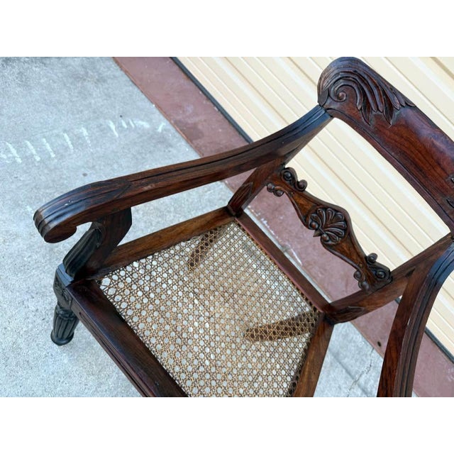 English 19th Century Antique English Regency Style Solid Rosewood Carved Hand Cane Seat Armchair. For Sale - Image 3 of 10