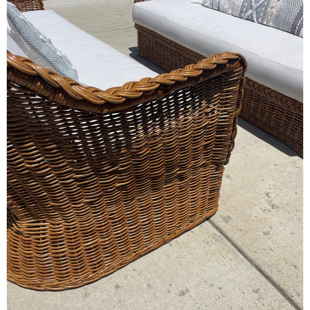 Vintage Braided Wicker Sofas, Michael Taylor Style With New Perennials Upholstery For Sale - Image 10 of 14