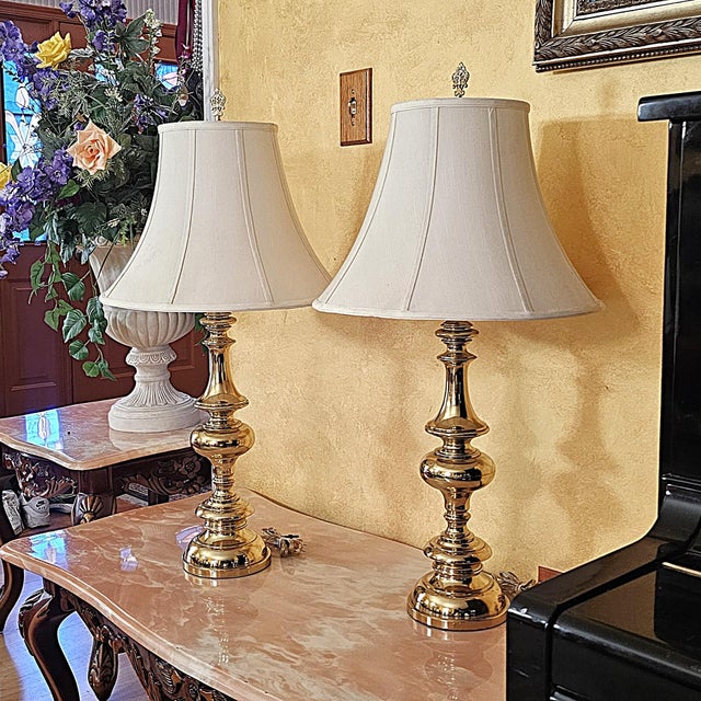 Brass Pair of Tall Brass Table Lamps With Ivory Bell Shades – Hollywood Regency Style For Sale - Image 8 of 18