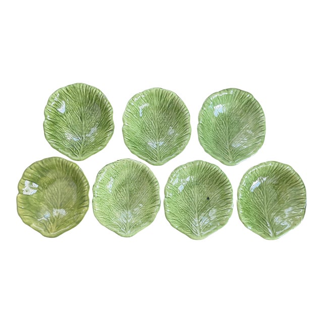 Vintage Green Cabbageware Bowls in the Style of Dodie Thayer, Palm Beach Regency Lettuce Ware - Set of 7 For Sale