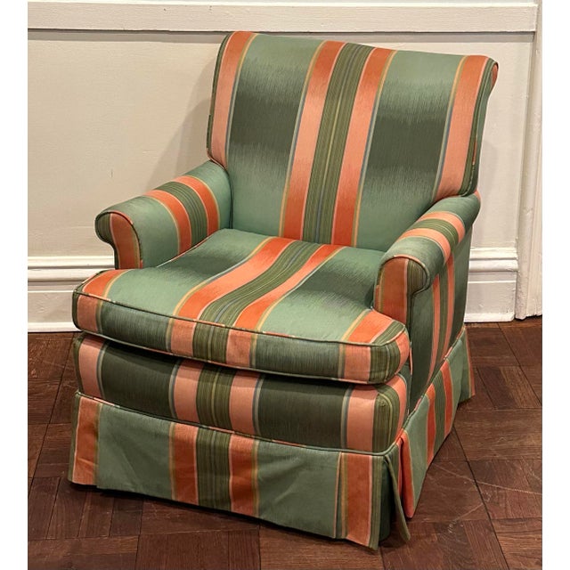 Green & Coral Striped Upholstered Club Chair, Palm Beach Style For Sale - Image 9 of 12