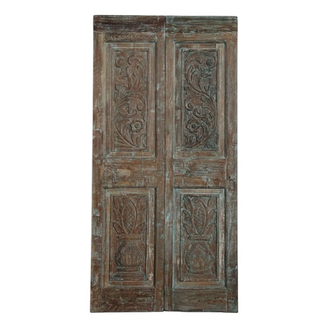 Antique Indian Carved Double Doors Floral Vase Design Wooden Barn Door 80x40 For Sale