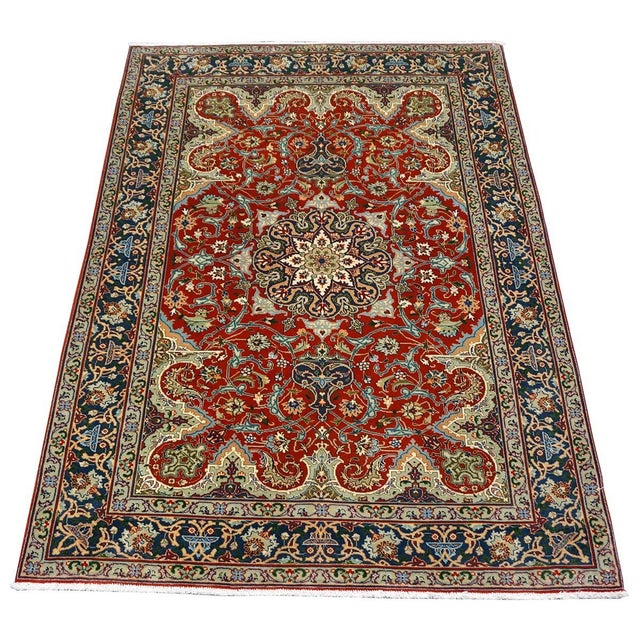 Antique Persian Tabriz 3x4 Red & Navy Handmade Area Rug #1143878 For Sale - Image 4 of 12