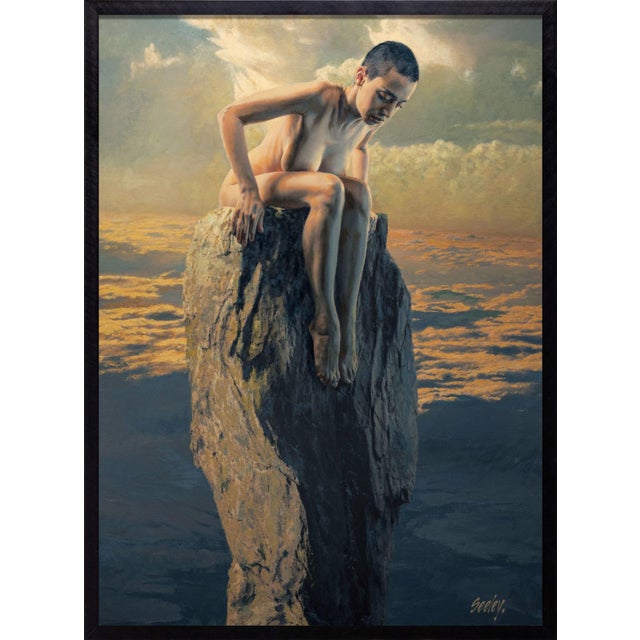 This oil on canvas piece depicts a figure seated on a towering rock formation, gazing thoughtfully into the distance. The...