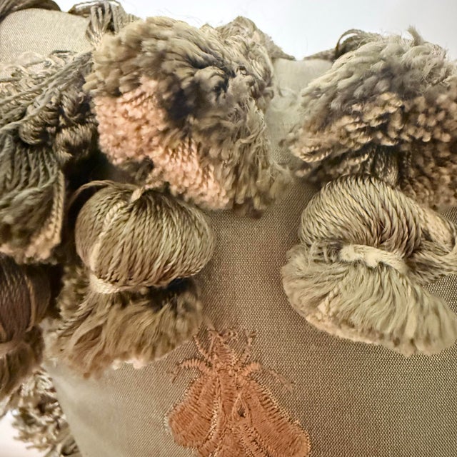 Olive Vintage Silk Embroidered Bee Decorative Pillow With Tassel Trim For Sale - Image 8 of 10